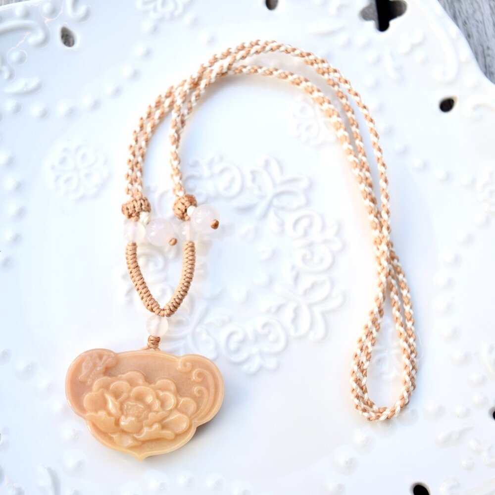 Yellow Peony Lock Pendant Braided Rope Necklace - Quartz Jade
